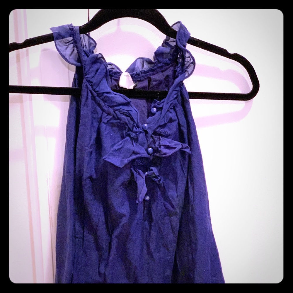 Deep navy sleeveless ruffle blouse